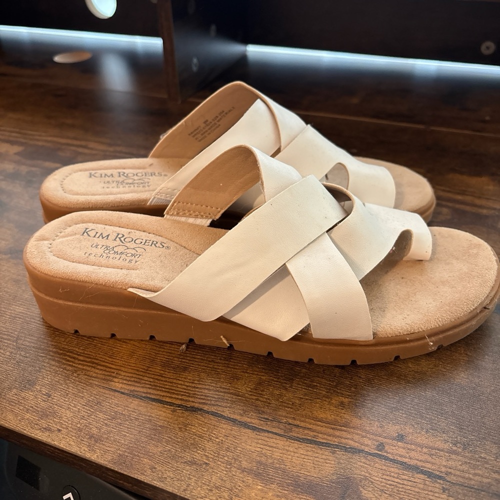 Kim Rogers Cream Crisscross Slide Sandals with Tan Wedge Sole